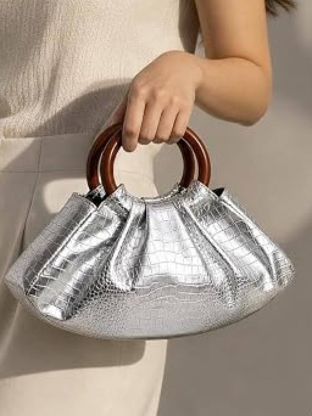 Neiman Marcus Ruched Croco Silver Puffy PU Leather Handbag